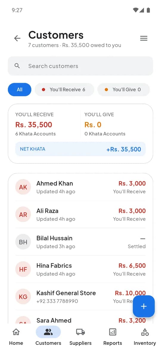 The Customers screen in the Khata.pk mobile app